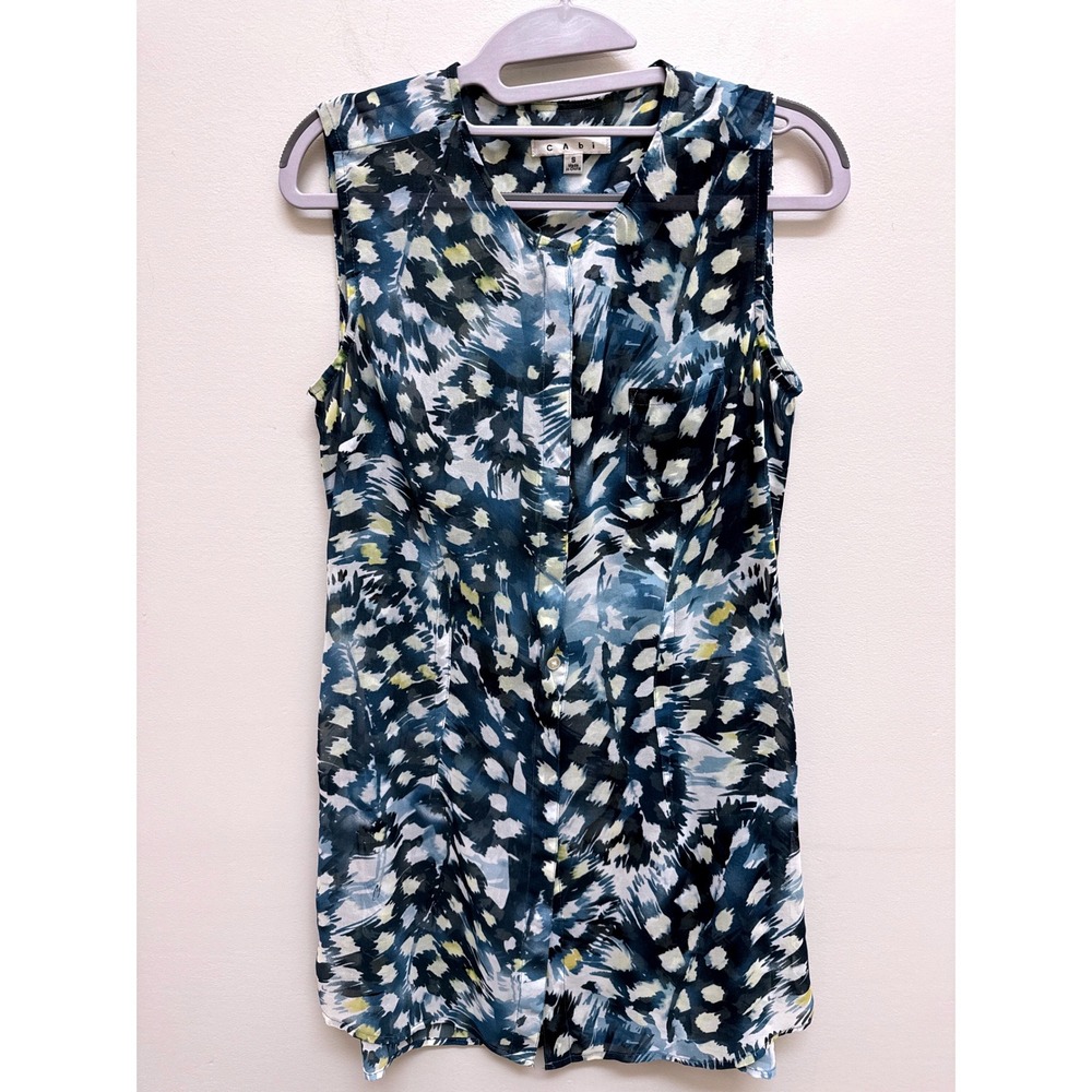 Cabi (Blue/Multicolor) Sleeveless Button Front Tunic Sheer Top Womens Size S